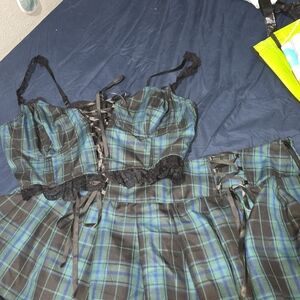 Dolls Kill Black and Blue Plaid Lace-Up Crop Top And Skirt